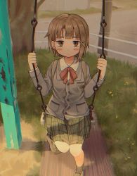 Rule 34 | 1girl, black socks, blue jacket, blush, blush stickers, brown eyes, brown footwear, brown hair, buttons, closed mouth, collared shirt, dot nose, expressionless, green skirt, hair ornament, half-closed eyes, hands up, highres, holding, iwakura lain, jacket, knees together feet apart, long sleeves, looking at viewer, neck ribbon, outdoors, pleated skirt, pocket, red ribbon, ribbon, rnfhv, school uniform, serial experiments lain, shirt, shoes, short hair, single sidelock, sitting, skirt, socks, solo, swing set, white shirt, x hair ornament