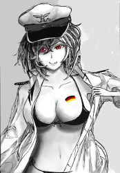 Rule 34 | 1girl, bikini, breasts, cleavage, dress shirt, front-tie top, german flag, graf zeppelin (warship girls r), grey background, hat, highres, huangquan, large breasts, licking lips, monochrone, open clothes, open shirt, original, red eyes, shirt, short hair, side-tie bikini bottom, sketch, solo, swimsuit, tongue, tongue out, uniform, warship girls r