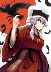 Rule 34 | 1girl, bird, closed mouth, crow, earrings, feathers, hanbok, jewelry, korean clothes, long sleeves, original, red eyes, solo, white background, white hair, wide sleeves, yong-gok