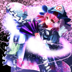 Rule 34 | 1girl, album cover, arm ribbon, bad id, bad pixiv id, black background, bug, butterfly, cherry blossoms, commentary request, cover, fingernails, floral print, folding fan, frilled kimono, frills, glowing, glowing butterfly, hand fan, hand on headphones, hat, headphones, highres, hitodama, insect, japanese clothes, kimono, looking at viewer, mob cap, nail art, no eru, petals, pink eyes, pink hair, ribbon, ribbon-trimmed collar, ribbon trim, saigyouji yuyuko, shippou (pattern), smile, solo, touhou, triangular headpiece, veil