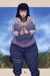 Rule 34 | 1girl, alternate breast size, aphrodos, blue hair, blue pants, blunt bangs, breasts, cleavage, cropped legs, field, hand gesture, highres, holster, hood, hoodie, huge breasts, hyuuga hinata, konohagakure symbol, long hair, multicolored clothes, naruto (series), naruto shippuuden, open mouth, pants, serious, solo, standing, thigh holster, white eyes
