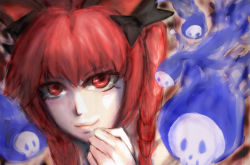 Rule 34 | 1girl, :3, animal ears, black bow, bow, braid, cat ears, close-up, flaming skull, hair bow, hand to own mouth, kaenbyou rin, lips, looking at viewer, najisa, out of frame, portrait, red eyes, red hair, smile, solo, touhou, twin braids