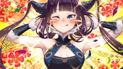 Rule 34 | 1girl, armpits, bare shoulders, black dress, blue eyes, blunt bangs, blush, breasts, china dress, chinese clothes, cleavage, closed mouth, cluseller, confetti, detached sleeves, double v, dress, emotional engine - full drive, fate/grand order, fate (series), floral print, hair ornament, hands up, highres, licking lips, long hair, looking at viewer, medium breasts, one eye closed, orange background, parody, purple hair, sidelocks, smile, solo, sparkle, striped, striped background, tongue, tongue out, twintails, v, very long hair, yang guifei (fate), yang guifei (second ascension) (fate), yellow background