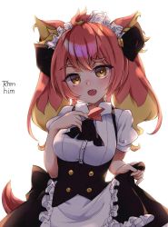 Rule 34 | 1girl, alternate costume, animal ear fluff, animal ears, apron, artist name, ascot, black ascot, breasts, bright pupils, buttons, cat ears, cat girl, cat tail, enmaided, fang, frilled apron, frills, hand up, highres, hikasa tomoshika, kemonomimi mode, long hair, maid, maid apron, maid headdress, medium breasts, multicolored hair, open mouth, orange eyes, orange hair, raised eyebrow, red hair, rhm., solo, tail, twintails, two-tone hair, virtual youtuber, voms, waist apron, white apron, white pupils
