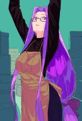 Rule 34 | 1girl, absurdres, apron, arms up, black-framed eyewear, black sweater, commentary request, cowboy shot, denim, fate/stay night, fate (series), glasses, highres, jeans, long hair, long sleeves, looking at viewer, low-tied long hair, medusa (fate), medusa (rider) (fate), open mouth, pants, purple eyes, purple hair, solo, standing, sweater, xtango