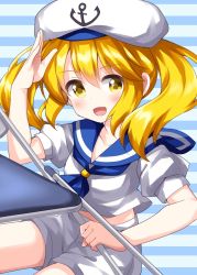 Rule 34 | 1girl, anchor symbol, blonde hair, blue neckwear, blue sailor collar, blush, breasts, chair, folding chair, gesture, happy, hat, highres, holding chair, kitashirakawa chiyuri, medium hair, midriff, one-hour drawing challenge, open mouth, puffy short sleeves, puffy sleeves, ruu (tksymkw), sailor, sailor collar, sailor hat, sailor shirt, shirt, short sleeves, shorts, small breasts, touhou, twintails, uniform, white hat, white shirt, white shorts, yellow eyes