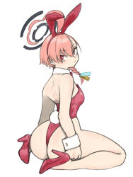 Rule 34 | 1girl, ahoge, animal ears, ass, blue archive, bow, bowtie, braid, breasts, detached collar, from behind, halo, highres, leotard, looking at viewer, neru (blue archive), neru (bunny) (blue archive), pink hair, playboy bunny, rabbit ears, rabbit tail, red eyes, red leotard, short hair, simple background, single braid, sitting, small breasts, solo, strapless, strapless leotard, tag, tail, toshinoshin, traditional bowtie, wariza, white background, wrist cuffs