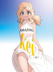 Rule 34 | 1girl, :d, blonde hair, blue eyes, blue sky, bukkuri, casual, character name, clothes writing, cowboy shot, criss-cross halter, day, dress, english text, girls und panzer, hair intakes, halterneck, kay (girls und panzer), light smile, long hair, looking at viewer, open mouth, outdoors, skirt hold, sky, smile, solo, standing, unmoving pattern, white dress, wind