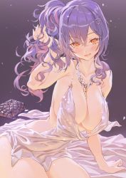Rule 34 | 1girl, absurdres, azur lane, backless dress, backless outfit, bag, bare shoulders, blue hair, blue nails, blush, breasts, cleavage, commentary request, dress, evening gown, grey dress, hair between eyes, hair ornament, hairclip, halter dress, halterneck, hand in own hair, handbag, highres, holding, holding own hair, hxxg, jewelry, large breasts, licking lips, looking at viewer, nail polish, necklace, orange eyes, plunging neckline, revealing clothes, side ponytail, sidelocks, silver dress, sitting, st. louis (azur lane), st. louis (luxurious wheels) (azur lane), thighs, tongue, tongue out