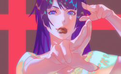 Rule 34 | 1girl, alternate costume, blue eyes, brown background, candy, chocolate, chocolate heart, food, gradient eyes, hands up, heart, highres, holding, long hair, looking at viewer, monogatari (series), mouth hold, multicolored eyes, outstretched arm, parted bangs, purple eyes, purple hair, rapa rachi, red background, senjougahara hitagi, shadow, shirt, short hair, short sleeves, solo, two-tone background, upper body, white shirt