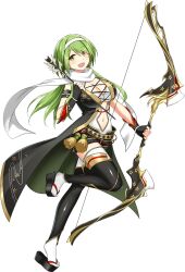 1girl :d arrow_(projectile) black_gloves boots bow_(weapon) breasts cleavage clothing_request fingerless_gloves full_body gloves green_hair hairband holding holding_arrow holding_bow_(weapon) holding_weapon kashima_nanao long_hair medium_breasts moe!_ninja_girls navel official_art open_mouth second-party_source short_shorts shorts simple_background smile solo standing standing_on_one_leg stomach thighhighs transparent_background weapon white_thighhighs yellow_eyes zettai_ryouiki