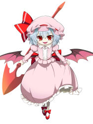Rule 34 | 1girl, absurdres, blue hair, commentary request, dress, fang, futa (nabezoko), hat, highres, looking at viewer, open mouth, pink dress, red eyes, red footwear, remilia scarlet, short hair, simple background, smile, solo, touhou, white background, wings