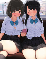 Rule 34 | 2girls, :d, ^ ^, black hair, black legwear, blush, bow, bowtie, bra, breasts, brown eyes, brown hair, bursting breasts, cellphone, cleavage, closed eyes, cowboy shot, crossed legs, closed eyes, fang, fang out, hair over shoulder, kaisen chuui, large breasts, long hair, low twintails, miniskirt, multiple girls, open mouth, original, panties, phone, school uniform, see-through, shirt tucked in, short hair, side-tie panties, side-tie peek, sitting, skirt, smartphone, smile, thighhighs, thighs, twintails, underwear