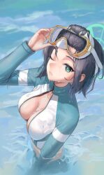 Rule 34 | 1girl, ;|, absurdres, blue archive, breasts, cleavage, goggles, goggles on head, halo, highres, laza (0ldsong), long sleeves, looking at viewer, medium breasts, official alternate costume, partially submerged, rash guard, saki (blue archive), saki (swimsuit) (blue archive), solo, water drop, wet, wet hair