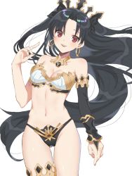 Rule 34 | 1girl, asymmetrical sleeves, black bow, black hair, black panties, black sleeves, bow, bra, breasts, bridal gauntlets, choker, cleavage, collarbone, cowboy shot, detached sleeves, earrings, fate/grand order, fate (series), floating hair, gluteal fold, hair bow, hair intakes, ishtar (fate), jewelry, long hair, long sleeves, looking at viewer, medium breasts, navel, open mouth, oshage (osyage921), panties, red eyes, simple background, single sleeve, solo, standing, strapless, strapless bra, thigh gap, underwear, uneven sleeves, very long hair, white background, white bra