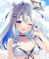 Rule 34 | 1girl, alternate costume, alternate hair length, alternate hairstyle, amane kanata, angel wings, artist name, asymmetrical hair, belt collar, black collar, blue hair, blue nails, blush, breasts, cloud, cloudy sky, collar, colored inner hair, commentary request, day, feathered wings, grey hair, hair ornament, hairclip, halo, hand up, hololive, long hair, looking at viewer, mini wings, multicolored hair, nail polish, one eye closed, open mouth, oshioshio, outdoors, purple eyes, signature, single hair intake, sky, small breasts, smile, solo, star halo, swimsuit, upper body, virtual youtuber, watermark, wings, x hair ornament, yellow halo