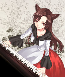 Rule 34 | 1girl, animal ears, brown hair, dress, from above, highres, imaizumi kagerou, instrument, kyuu umi, long hair, looking at viewer, piano, piano keys, red eyes, smile, solo, touhou, wolf ears