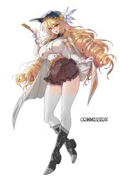 Rule 34 | 1girl, absurdres, belt, blonde hair, blush, bobo (3778445), boots, brown skirt, card, coat, commission, full body, hat, highres, holding, holding card, holding clothes, holding coat, long hair, maplestory, mature female, open mouth, phantom (maplestory), skirt, solo, teeth, thighhighs, thighs, upper teeth only, white background