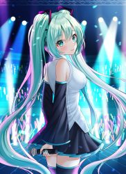 Rule 34 | 1girl, aqua hair, aqua necktie, arms behind back, bare shoulders, black skirt, blush, boots, breasts, commentary, detached sleeves, from behind, green eyes, green nails, green skirt, hair ornament, hatsune miku, headphones, highres, holding, holding microphone, large breasts, long hair, looking at viewer, microphone, multicolored clothes, multicolored skirt, nail polish, necktie, nri, pleated skirt, shirt, skirt, sleeveless, sleeveless shirt, smile, solo, thigh boots, thighhighs, twintails, very long hair, vocaloid, white shirt, zettai ryouiki