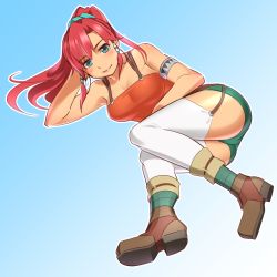 Rule 34 | 10s, 1girl, armlet, armpits, arms behind head, bellows (suisei no gargantia), belt, blue eyes, boots, breasts, garter straps, kugata1, large breasts, looking at viewer, lying, midriff, navel, ponytail, red hair, short shorts, shorts, suisei no gargantia, suspenders, tank top, thighhighs, tool belt, white thighhighs
