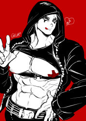 Rule 34 | 1boy, abs, bandaid, bandaids on nipples, bara, black hair, black hoodie, chest harness, climaxmukr, dorohedoro, harness, hood, hood up, hoodie, kai (dorohedoro), large pectorals, licking lips, male focus, multiple monochrome, muscular, navel, open clothes, open hoodie, pasties, pectoral press, pectorals, red background, short hair, sideburns, solo, tongue, tongue out, upper body