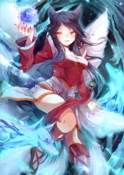 Rule 34 | 1girl, ahri (league of legends), alternate hair color, animal ears, bare shoulders, black hair, breasts, cleavage, detached sleeves, energy ball, fingernails, fox, fox ears, fox tail, korean clothes, koyuiko, large breasts, league of legends, long hair, looking at viewer, multiple tails, nail polish, slit pupils, solo, tail, very long hair, yellow eyes
