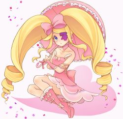 Rule 34 | 10s, 1girl, big hair, blonde hair, blue eyes, blush, boots, bow, choker, dress, drill hair, earrings, eyepatch, full body, hair bow, harime nui, highres, jewelry, kill la kill, knee boots, long hair, momo-tako, parasol, pink bow, pink footwear, pink skirt, sitting, skirt, solo, strapless, strapless dress, twin drills, twintails, umbrella