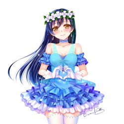 Rule 34 | 1girl, bare shoulders, blue hair, blush, choker, cowboy shot, dress, earrings, flower, gloves, grandia bing, hair between eyes, hair flower, hair ornament, head wreath, heart, heart hands, jewelry, long hair, looking at viewer, love live!, love live! school idol project, simple background, smile, solo, sonoda umi, thighhighs, third-party source, white background, white gloves, white thighhighs, yellow eyes, yume no tobira