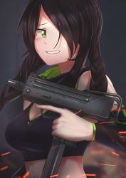Rule 34 | 1girl, absurdres, black hair, black shirt, braid, breasts, cleavage, commentary, commission, extended magazine, faiz azhar, girls&#039; frontline, green eyes, grey background, grin, gun, hair over one eye, handgun, highres, holding, holding gun, holding weapon, large breasts, long hair, looking at viewer, mac-10/11, mac-10 (girls&#039; frontline), machine pistol, pistol, shirt, simple background, smile, solo, sparks, submachine gun, trigger discipline, twin braids, upper body, weapon