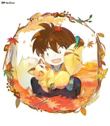 Rule 34 | 1boy, :d, atsumi jun, autumn leaves, brown hair, child, creature, day, food, fox tail, framed, hair between eyes, holding, inuyasha, kirara (inuyasha), leaf, leaf on head, long hair, long sleeves, looking at another, male focus, maple leaf, open mouth, outdoors, pointy ears, ponytail, sanpaku, shippou (inuyasha), slit pupils, smile, squatting, tail, tree, wagashi