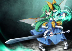 Rule 34 | 1girl, bow, daiyousei, fairy wings, green eyes, green hair, hair bow, long hair, matching hair/eyes, pointy ears, sasasa (nashi), side ponytail, solo, sword, touhou, weapon, wings