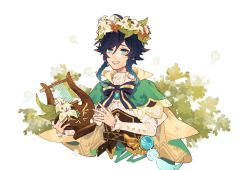 Rule 34 | 1boy, androgynous, black hair, blue hair, bow, braid, brooch, cape, collared cape, collared shirt, commentary, corset, dandelion seed, english commentary, feathers, flower, frilled sleeves, frills, gem, genshin impact, gradient hair, green eyes, grin, highres, holding, holding instrument, instrument, jewelry, leaf, long sleeves, looking at viewer, lyre, male focus, misu 025, multicolored hair, open mouth, red flower, shirt, short hair with long locks, simple background, smile, solo, teeth, twin braids, venti (genshin impact), vision (genshin impact), white background, white flower, white shirt, wreath