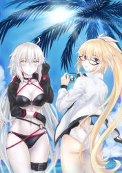 Rule 34 | 2girls, ahoge, ass, bikini, bkko, black-framed eyewear, black bikini, black gloves, blonde hair, blue sky, blush, breasts, buckle, camera, collarbone, commentary request, competition swimsuit, cowboy shot, day, elbow gloves, fate/grand order, fate (series), from behind, glasses, gloves, grey hair, twirling hair, halterneck, hand up, high ponytail, holding, holding camera, jacket, jeanne d&#039;arc alter (swimsuit berserker) (fate), jeanne d&#039;arc (fate), jeanne d&#039;arc (swimsuit archer) (fate), jeanne d&#039;arc (swimsuit archer) (second ascension) (fate), jeanne d&#039;arc alter (fate), jeanne d&#039;arc alter (swimsuit berserker) (fate), light rays, long hair, long sleeves, multiple girls, navel, o-ring, o-ring bikini, o-ring top, ocean, one-piece swimsuit, outdoors, pale skin, palm tree, parted lips, short hair, shrug (clothing), sky, sun, sunbeam, sunlight, swimsuit, taking picture, thigh strap, track jacket, tree, very long hair, water, white jacket, white one-piece swimsuit, yellow eyes