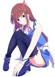 Rule 34 | 1girl, absurdres, amane 1906, bad id, bad pixiv id, blue eyes, blue footwear, blue skirt, blue thighhighs, blue vest, brown hair, collared shirt, commentary, crop top, cropped vest, hair ornament, hairclip, high heels, highres, hololive, leaning forward, long hair, long legs, miniskirt, neck ribbon, pleated skirt, red ribbon, ribbon, shadow, shirt, sidelocks, simple background, skirt, sleeveless, sleeveless shirt, solo, star (symbol), star hair ornament, swept bangs, thighhighs, thighs, tokino sora, tokino sora (1st costume), vest, virtual youtuber, waist cape, white background, white shirt, wrist cuffs