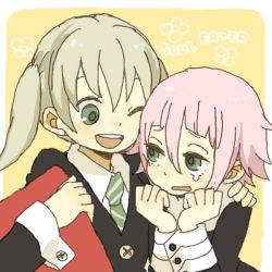 Rule 34 | 00s, androgynous, blonde hair, coat, copyright name, crona (soul eater), cuff links, gender request, green eyes, grey eyes, hair between eyes, hand on shoulder, looking at another, maka albarn, necktie, open mouth, pink hair, short hair, smile, soul eater, tears, twintails, wink, yellow background, yukke