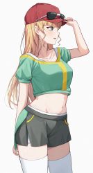 Rule 34 | 1girl, absurdres, aftamc, black shorts, blonde hair, blunt bangs, breasts, collarbone, commentary request, cowboy shot, crop top, eyewear on headwear, green eyes, green shirt, hand on headwear, heanna sumire, highres, long hair, looking to the side, love live!, love live! superstar!!, midriff, open mouth, red headwear, shirt, shorts, simple background, solo, sunglasses, thighhighs, white background, white thighhighs