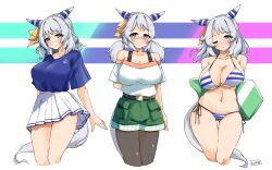 Rule 34 | 1girl, alternate costume, animal ears, artist name, bare shoulders, bespectacled, bikini, black pantyhose, blue shirt, blush, breasts, casual, cleavage, commentary request, cowboy shot, ear covers, ear ornament, glasses, gluteal fold, green shorts, grey hair, highres, hishi miracle (umamusume), horse ears, horse girl, horse tail, komb, large breasts, medium hair, multiple views, navel, one eye closed, pantyhose, pleated skirt, red-framed eyewear, semi-rimless eyewear, shirt, shorts, simple background, skirt, smile, striped bikini, striped clothes, swimsuit, tail, thighs, umamusume, white skirt