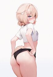 Rule 34 | 1girl, animal ear fluff, ass, black shorts, blonde hair, blue eyes, blush, commentary, crop top, grey background, highres, hololive, hololive english, koahri, looking at viewer, mococo abyssgard, shirt, short hair, short shorts, shorts, simple background, solo, thighs, virtual youtuber, white shirt