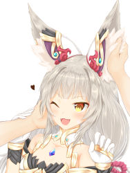 Rule 34 | 1girl, animal ear fluff, animal ears, blush, breasts, chest jewel, collarbone, fangs, gloves, heart, highres, konowa (pixiv30906526), long hair, nia (blade) (xenoblade), nia (xenoblade), nintendo, one eye closed, open mouth, playing with another&#039;s ears, silver hair, simple background, small breasts, smile, solo focus, spoilers, twintails, white background, white gloves, xenoblade chronicles (series), xenoblade chronicles 2