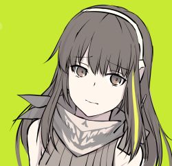 Rule 34 | 1girl, 3:, bandana, brown eyes, brown hair, closed mouth, girls&#039; frontline, green background, green hair, long hair, looking at viewer, m4a1 (girls&#039; frontline), multicolored hair, portrait, simple background, solo, streaked hair, upper body, xiujia yihuizi
