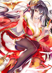 Rule 34 | 119, 1girl, azur lane, bare shoulders, black hair, breasts, cleavage, commentary request, hair between eyes, japanese clothes, kimono, large breasts, long hair, looking at viewer, lying, mask, mask on head, nail polish, on side, panties, pleated skirt, red eyes, red kimono, red nails, skirt, smile, solo, taihou (azur lane), thighhighs, underwear, very long hair