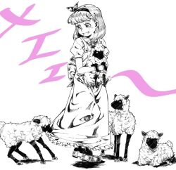 Rule 34 | 1girl, animal, bare arms, bow, bowtie, clothes pull, dress, dress pull, frilled dress, frills, full body, greyscale with colored background, hairband, holding, holding animal, jcjiro, looking down, medium hair, monochrome, open mouth, original, puffy short sleeves, puffy sleeves, shadow, sheep, shoes, short sleeves, solo, standing