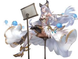 Rule 34 | 10s, 1girl, animal ears, ass, asymmetrical legwear, bare shoulders, black thighhighs, blue eyes, blue flower, blue rose, cat ears, crossed legs, detached collar, dress, elbow gloves, erune, flower, full body, gloves, granblue fantasy, hair ornament, high heels, holding, korwa, long hair, mismatched legwear, paper, pen, quill, rose, silver hair, simple background, sitting, smile, solo, tail, thighhighs, uneven legwear, white background, white dress, white gloves, white thighhighs, youshun (naturaljuice)