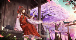 Rule 34 | 1girl, :d, animal, architecture, black cat, blurry, bow, brown eyes, building, cat, cherry blossoms, day, detached sleeves, east asian architecture, flower, frills, grass, hair bow, hair tubes, hakurei reimu, highres, long hair, manoma, motion blur, open mouth, outdoors, petals, plant, red bow, red ribbon, red skirt, ribbon, ribbon-trimmed sleeves, ribbon trim, sitting, skirt, skirt set, sky, smile, solo, torii, touhou, tree, veranda, vest, white flower, wind