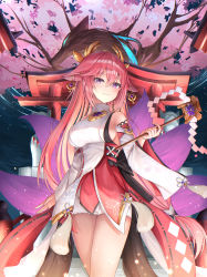 Rule 34 | 1girl, absurdres, animal ears, bare legs, bare shoulders, breasts, bright pupils, cherry blossoms, cowboy shot, detached sleeves, earrings, floppy ears, fox ears, genshin impact, gold, gr greeze, grin, hair between eyes, hakama, highres, japanese clothes, jewelry, large breasts, long hair, looking at viewer, low-tied long hair, night, nontraditional miko, outdoors, pink hair, purple eyes, red skirt, shirt, sideboob, skirt, sleeveless, sleeveless shirt, smile, solo, thighs, turtleneck, very long hair, white shirt, white sleeves, wide sleeves, yae miko