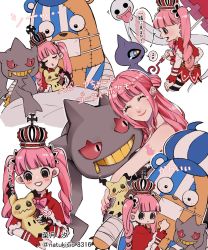 Rule 34 | 1girl, alternate hairstyle, banette, blush, carrying, creatures (company), crossover, devil fruit, drill hair, evolutionary line, game freak, garter straps, gen 3 pokemon, gen 7 pokemon, ghost, happy, highres, holding, holding umbrella, horo horo no mi, hug, kumacy, long hair, mimikyu, multiple others, natsuki shio, nintendo, one piece, perona, pink hair, pokemon, pokemon (creature), shuppet, smile, striped clothes, striped thighhighs, stuffed animal, stuffed toy, tears, thighhighs, timeskip, translation request, twintails, twitter username, umbrella, white background