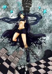 Rule 34 | 10s, 1girl, arm cannon, bad id, bad pixiv id, bikini, bikini top only, black hair, black rock shooter, black rock shooter (character), blue eyes, boots, chain, coat, cross, front-tie top, glowing, glowing eye, glowing eyes, hood, hooded jacket, jacket, long hair, midriff, navel, scar, shibasaki shouji, shorts, solo, star (symbol), swimsuit, twintails, uneven twintails, very long hair, weapon, zipper