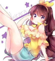 Rule 34 | 1girl, amanogawa kirara, arm support, blush, bow, brown hair, character name, earrings, elbow on knee, frills, go! princess precure, hair bow, hairband, head rest, jewelry, kofa (ikyurima), legs up, long hair, looking at viewer, precure, purple eyes, shirt, shorts, sitting, smile, solo, star (symbol), star earrings, tied shirt, twintails, yellow bow, yellow shirt