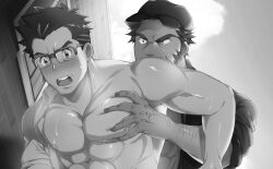 Rule 34 | 2boys, abs, arm hair, bad id, bad twitter id, bara, bare pectorals, beard, blush, cerise (pokemon), collared shirt, creatures (company), facial hair, game freak, glasses, grabbing, greyscale, groping, highres, kurazon (climb zombie), large pectorals, male focus, mature male, meyer (pokemon), monochrome, multiple boys, muscular, muscular male, nintendo, nipples, open clothes, open shirt, pectoral grab, pectorals, pokemon, pokemon (anime), pokemon journeys, pokemon xy (anime), shirt, short hair, sideburns, stomach, sweat, sweatdrop, thick eyebrows, undressing another, upper body, veins, veiny arms, yaoi