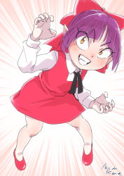 Rule 34 | 1girl, bow, cat girl, commentary request, dress, gegege no kitarou, gegege no kitarou 6, hair bow, legs together, looking at viewer, mizukane, nekomusume, nekomusume (gegege no kitarou 6), open mouth, pointy ears, purple hair, red bow, red dress, short hair, simple background, solo, spoilers, white background, yellow eyes, aged down